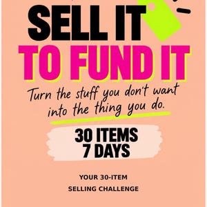 Pode incluir: Um folheto informativo cor de pêssego intitulado The Unofficial Vinted Selling Kit. Apresenta texto em negrito preto e rosa choque que diz SELL IT TO FUND IT, com um ícone de etiqueta de preço verde-limão, uma estrela roxa e 30 ITEMS 7 DAYS.