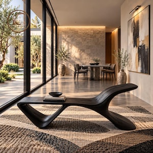 Peut inclure: Un banc en bois gris anthracite à profil bas avec une silhouette fluide, organique et incurvée. Le banc présente une forme lisse et continue qui passe d'une zone d'assise plate à un dossier surélevé et incliné, reposant sur un tapis texturé.