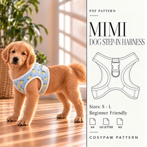 Può includere: Un modello PDF per una pettorina per cani Mimi in tessuto azzurro con stampa di limoni gialli. L'immagine include un disegno tecnico della pettorina, le taglie S-L e le icone per i formati carta A4, US Letter e A0.