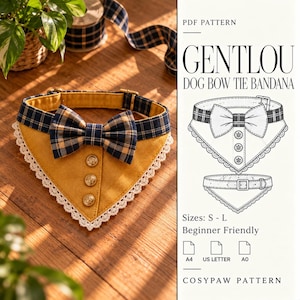 May include: A PDF pattern for a Gentlou dog bow tie bandana, featuring a mustard yellow fabric triangle with white lace trim, three gold buttons, and a navy and tan plaid collar. Includes technical line drawings and size labels S-L.