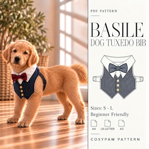 May include: A PDF pattern for a Basile dog tuxedo bib, featuring a golden retriever wearing a navy herringbone vest with a white collar, a red bow tie, and three gold buttons. The graphic includes text, size options S-L, and A4, US Letter, and A0 icons.