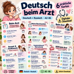 German at the doctor's office – 6 practical cards | German Russian A2–B1 | Medical phrases PDF