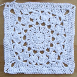 May include: White crochet square with a detailed, intricate pattern in the center. The square is made with a single crochet stitch and has a border around the edges.