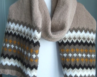 Fair Isle Scarf Knitting Pattern In the round and back and forth Stranded Knitting Unisex Instant Download