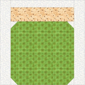 May include: A quilt block featuring a green patterned center with a geometric design. The top section is a light peach color with a pattern of small, dark brown shapes. The block is framed by a white border with a subtle, light blue floral pattern.