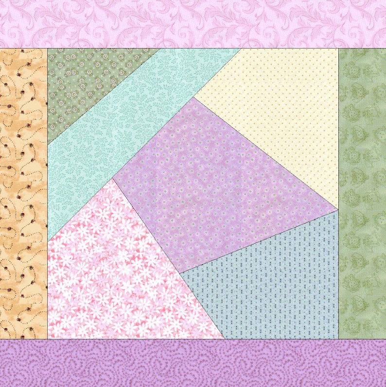 May include: A patchwork quilt with a variety of floral patterns in shades of pink, green, and blue. The quilt is made up of different sized squares and triangles, creating a geometric design.