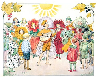 Elsa Beskow 1920 Print - Plate 15 "Little Lasse in the garden" Kids Wall Art digital download