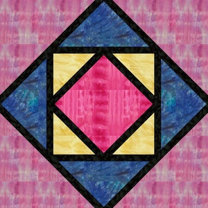 May include: A geometric quilt block design featuring a central pink diamond shape surrounded by yellow and blue diamond shapes. The design is framed by black borders and set against a pink background. The quilt block has a symmetrical pattern.