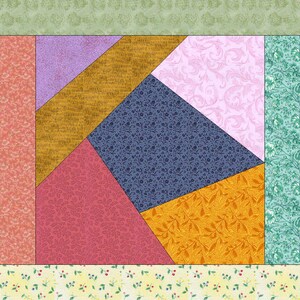 May include: A patchwork quilt block with a variety of floral patterns in shades of pink, blue, yellow, and green. The block is made up of nine squares, each with a different pattern.