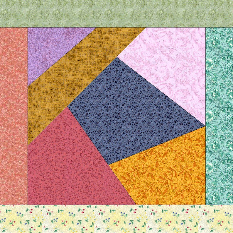 May include: A patchwork quilt block with a variety of floral patterns in shades of pink, blue, yellow, and green. The block is made up of nine squares, each with a different pattern.
