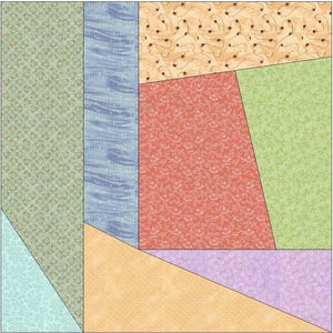 May include: A patchwork quilt block featuring various fabric patterns and colors. The design includes sections of green floral, blue wave, peach bee, red floral, green leaf, and lavender floral fabrics. The block is a square with angled edges.