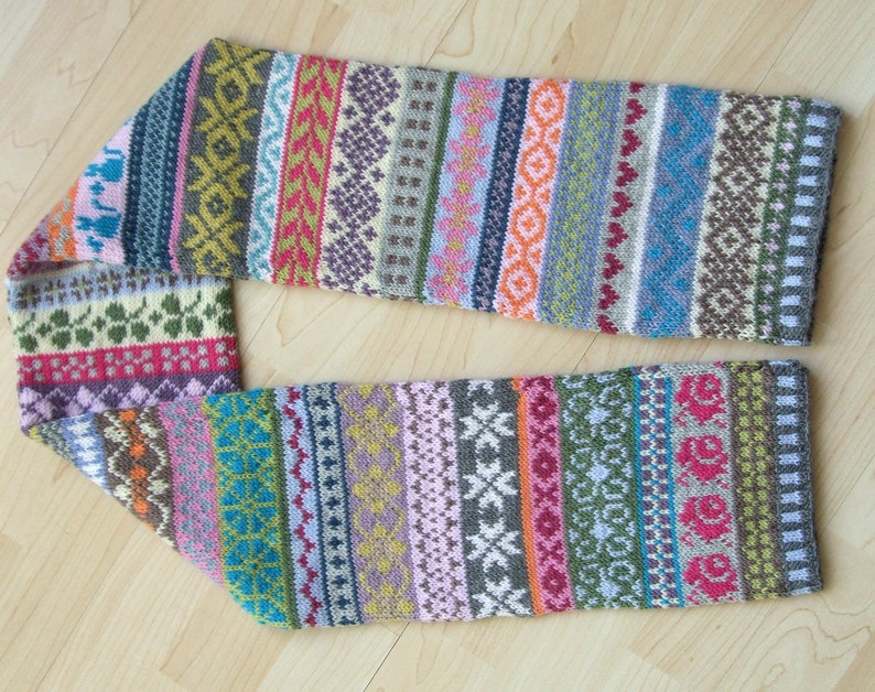 My Colorful Fair Isle Scarf Knitting Pattern Pdf Direct Etsy