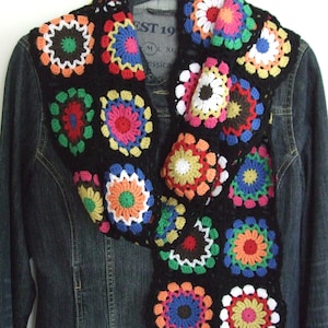 Granny Square Scarf Crochet Pattern Black Multicolor Retro Style Boho Join As You Go