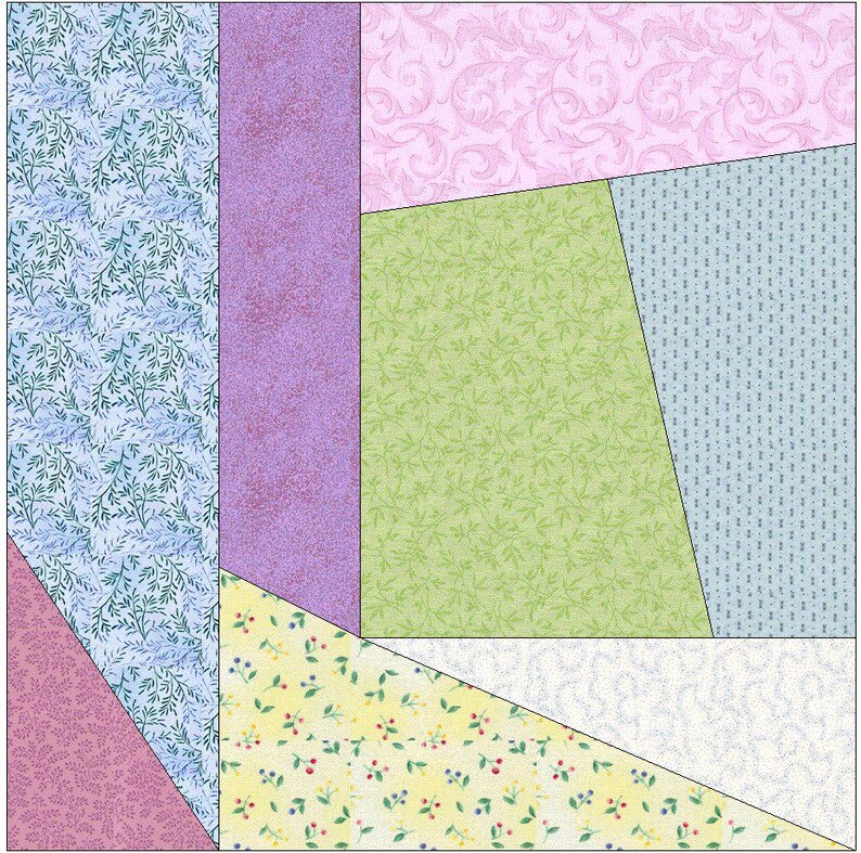 May include: A patchwork quilt block featuring various patterned fabrics. The design includes sections of light blue with a leaf pattern, lavender, pink with a swirl pattern, green with a leaf pattern, and yellow with a floral pattern. The block is a mix of geometric shapes.