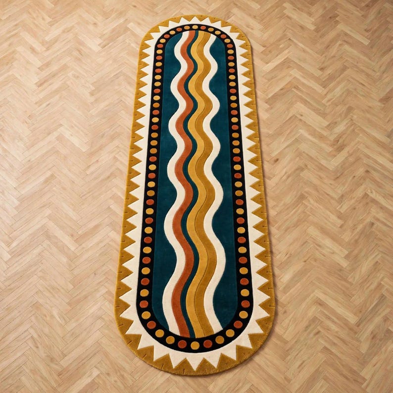 Patterned Wool Runner Rugs Buy Abstract Runner Rug, Teal Blue Wavy Pattern Rug, Mustard Orange ...