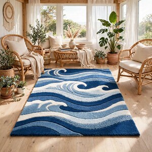 Blue Wave Rug, Rectangular Ocean Inspired Rug, Navy Blue & Light Blue Abstract Waves, Textured Coastal Modern Area Rug, Living Room Decor