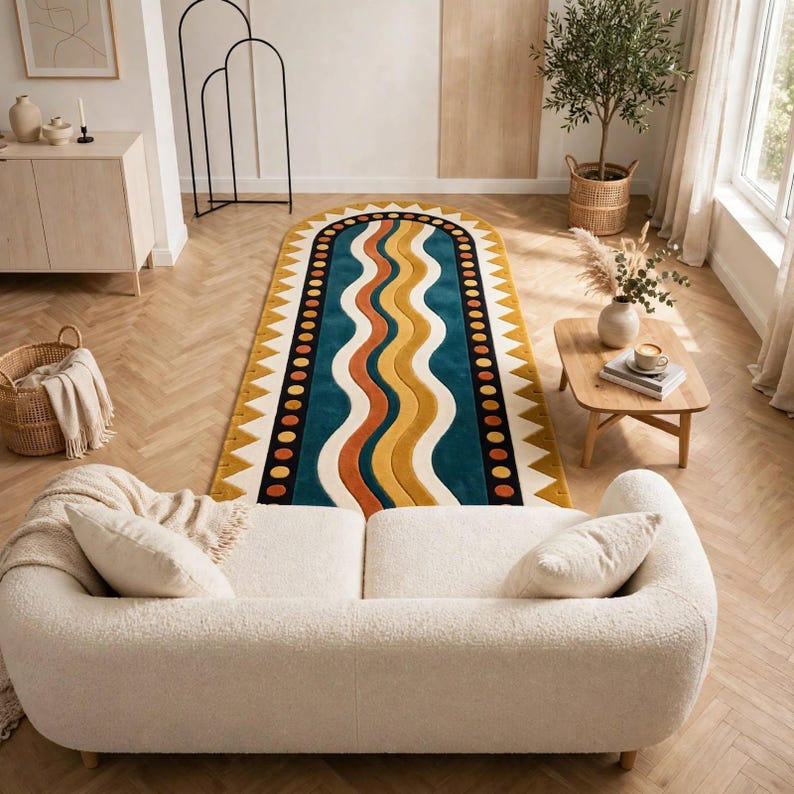 Patterned Wool Runner Rugs Buy Abstract Runner Rug, Teal Blue Wavy Pattern Rug, Mustard Orange ...