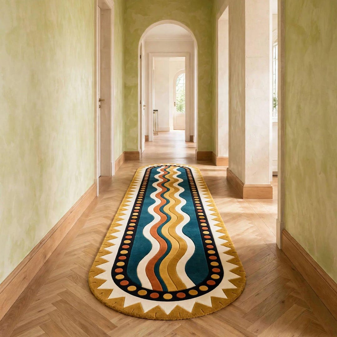 Patterned Wool Runner Rugs Buy Abstract Runner Rug, Teal Blue Wavy Pattern Rug, Mustard Orange ...