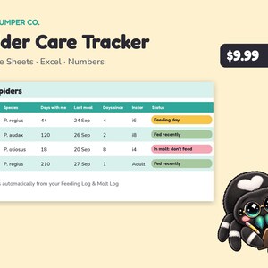 Op de afbeelding: Een digitale Spider Care Tracker spreadsheet-sjabloon van Tiny Jumper Co. met een tabel voor naam, soort, dagen, laatste maaltijd, instar en status. Een zwarte cartoonspin met witte markeringen en een bril houdt een klembord vast.