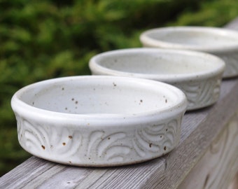 Handmade Small Ceramic "Cloud" Bowl in Speckled Satin-Matte White with Celtic-Inspired Carved Designs. Stoneware Mise en Place, Prep Bowls