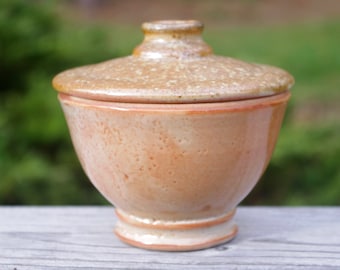 Handmade Wood-fired Ceramic Jar in Orange Shino with Golden Wood Ash. Small Pottery Lidded Ash Pyx, Salt Cellar, Kitchen Jar, Mantel Urn