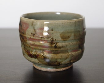 Small Handmade Ceramic Teabowl in Celadon Green with Red Brushstrokes & Carved Lines. Pottery Yunomi, Tea Cup, Matcha Chawan, Matcha Bowl