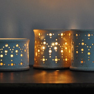 Handmade Ceramic Luminary, "Alhambra," in Matte Speckled Dove Grey, Short or Tall. Pottery Tea Light Candleholder, Votive, Home Decor