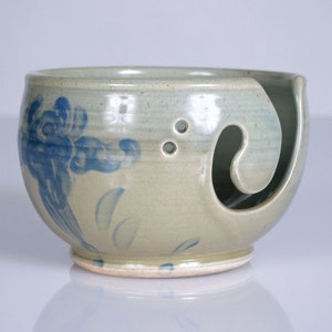 Handmade Ceramic Yarn Bowl in Celadon Green with Blue Irises. Pottery Knitting Bowl, Crochet Bowl, Yarn Holder – DIY, Crafting, Fall Gifts