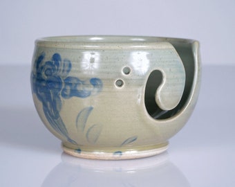 Handmade Ceramic Yarn Bowl in Celadon Green with Blue Irises. Pottery Knitting Bowl, Crochet Bowl, Yarn Holder – DIY, Crafting, Fall Gifts