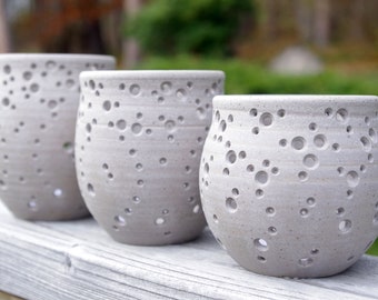 Set of 3 Small Handmade Ceramic Luminaries, "Falling Stars". Unique Speckled Dove Grey Candle Holders for Holiday, Wedding, & Home Decor