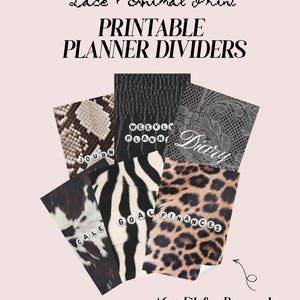 Puede incluir: Un conjunto de separadores de agenda imprimibles en tamaños A6 y Filofax Personal con patrones de encaje y estampado animal. Los separadores incluyen etiquetas para Journal, Weekly Planner, Diary, Calendar, Goal y Finances con cuentas blancas.