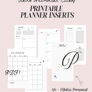 May include: A collection of white printable planner inserts featuring black text and grid lines. The text includes Retro Whimsical Cutesy, PRINTABLE PLANNER INSERTS, PDF, and A6 + Filofax Personal. The pages contain calendar grids, notes, and lists.