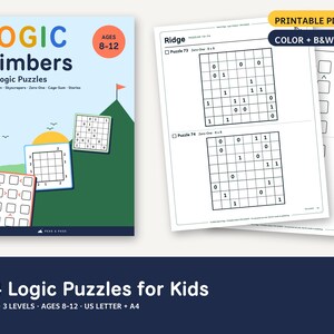 May include: A Logic Climbers book cover featuring 144 logic puzzles for ages 8-12, with illustrations of puzzle grids and a mountain. Beside it are two printable PDF pages showing black and white grid puzzles labelled Ridge, Puzzle 73, and 74.