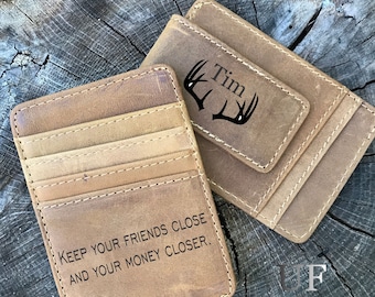 Cartera con clip para billetes de cuero personalizada, cuero Crazy Horse, regalo para hombre