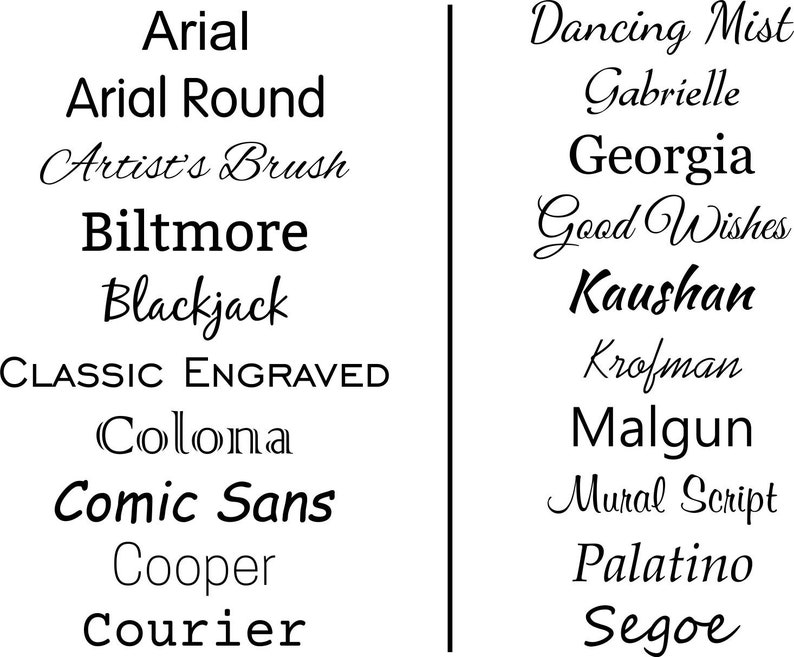 Puede incluir: Una lista de diferentes estilos de fuente, incluyendo Arial, Arial Round, Artist's Brush, Biltmore, Blackjack, Classic Engraved, Colona, Comic Sans, Cooper, Courier, Dancing Mist, Gabrielle, Georgia, Good Wishes, Kaushan, Krofman, Malgun, Mural Script, Palatino y Segoe.