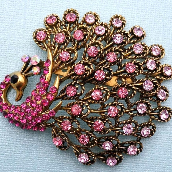 Vintage style Sparkling Fuchsia Pink Peacock  Brooch Pin Rhinestones Antique Bronze plated Embellishment  Broach Wedding Bridal Bouquet Sash