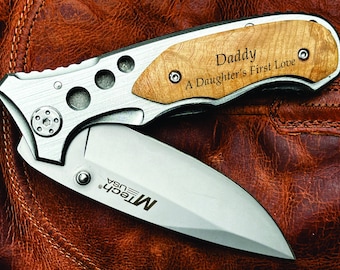 Personalized Pocket Knife, Engraved Gift for Dad, Wood Overlay