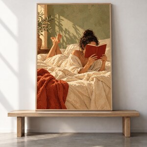 Rustic Bed Reading Print, Cream Sage Green Wall Art, Tranquil Decor, Living Room Art