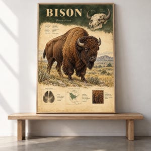 May include: A vertical educational poster titled BISON Bison bison featuring a large brown bison in a grassy landscape. The print includes a skull illustration, scientific classification text, a hoof print diagram, a North American range map, and a close-up of the animal's fur coat.