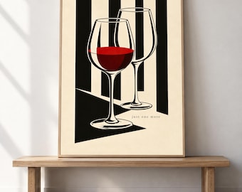 May include: A framed wall art print featuring two wine glasses against a background of vertical black and cream stripes. One glass is filled with red wine, while the other is empty. The text "just one more" is printed in small black letters.