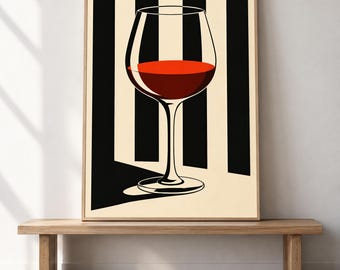 May include: A framed wall art print featuring a graphic illustration of a stemmed wine glass filled with red liquid. The background consists of vertical black and cream-colored stripes, with a dark shadow cast by the glass base.