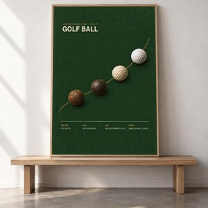 Könnte beinhalten: Ein gerahmtes vertikales Poster mit dunkelgrünem Hintergrund und dem Text "SPORTS THROUGH TIME / VOL. 07 GOLF BALL". Vier Golfbälle sind diagonal angeordnet und zeigen die historische Entwicklung von einem strukturierten braunen Ball bis zu einem weißen Ball mit Dellen.