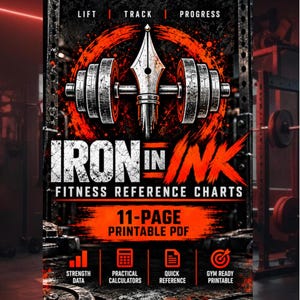 Op de afbeelding: Een digitale documentomslag getiteld IRON IN INK FITNESS REFERENCE CHARTS, met een afbeelding van een halter gecombineerd met een vulpenpunt. De tekst bevat LIFT | TRACK | PROGRESS en 11-PAGE PRINTABLE PDF met iconen voor data en rekenmachines.