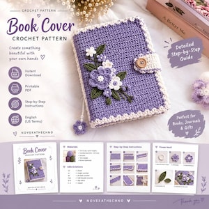 May include: A crochet pattern for a book cover featuring a purple rectangular cover with a white scalloped border, a wooden button closure, and a floral applique. The pattern includes text, diagrams, and instructions for materials and stitches.
