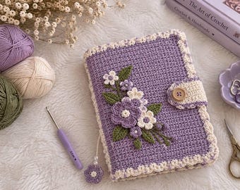 Patrón de funda para cuaderno de ganchillo color lavanda / Funda floral para diario (PDF)