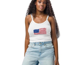 Women’s micro-rib tank top USA Flag, American Classic Tank, Patriotic Shirt