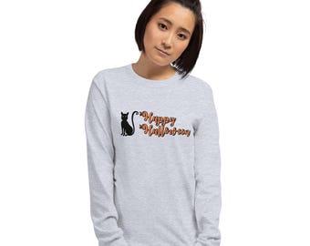 Black Cat Happy Halloween Long Sleeve Shirt, Unisex Tee