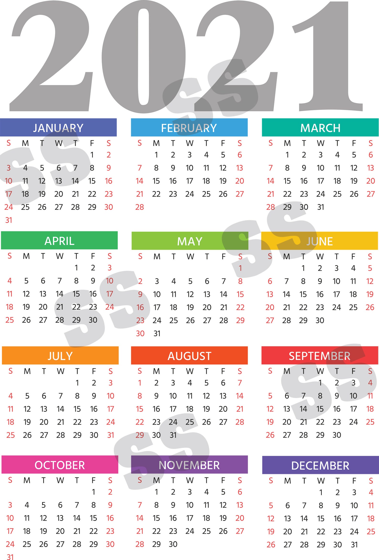 2021 calendar download diy 12 months wall poster yearly etsy