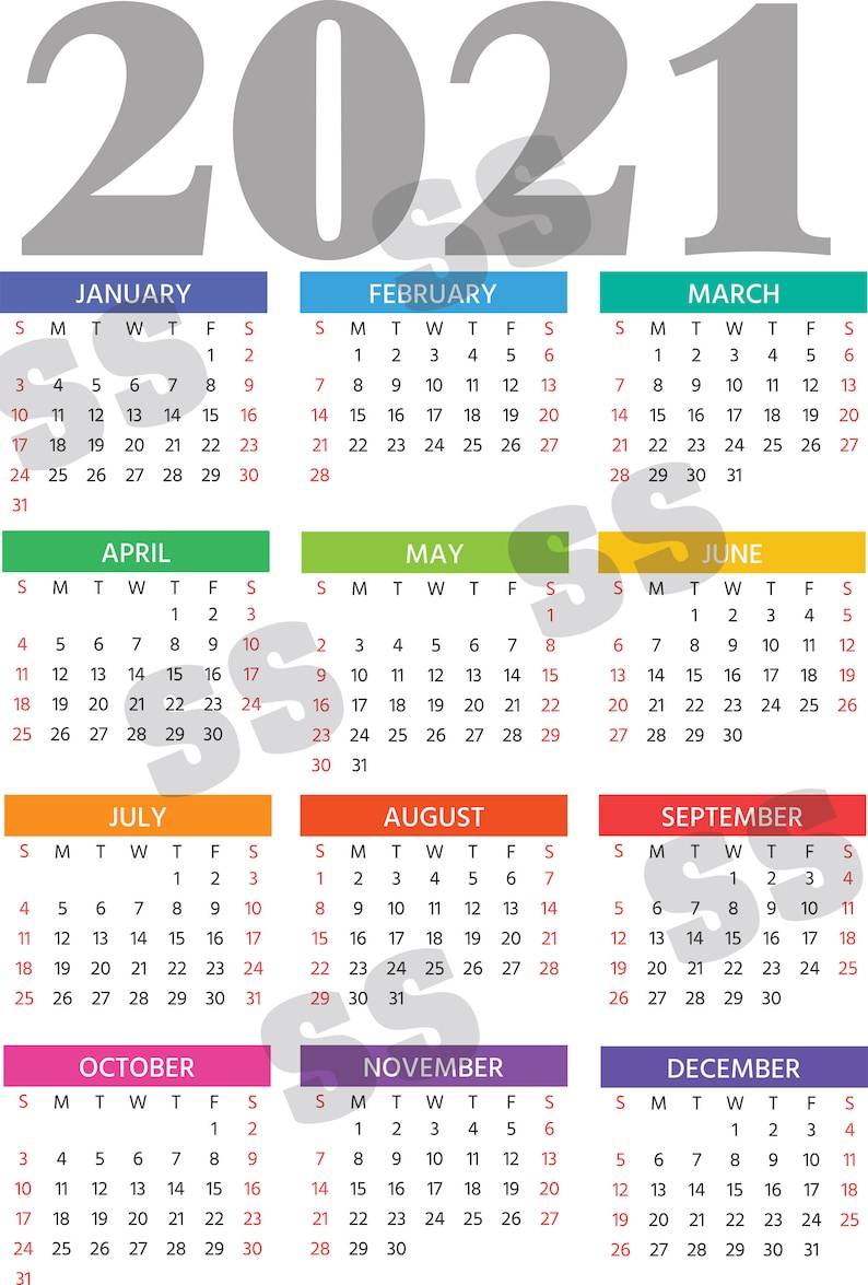 12x18 PDF 2021 Calendar download DIY 12 months wall poster Year at a Glance Yearly Planner