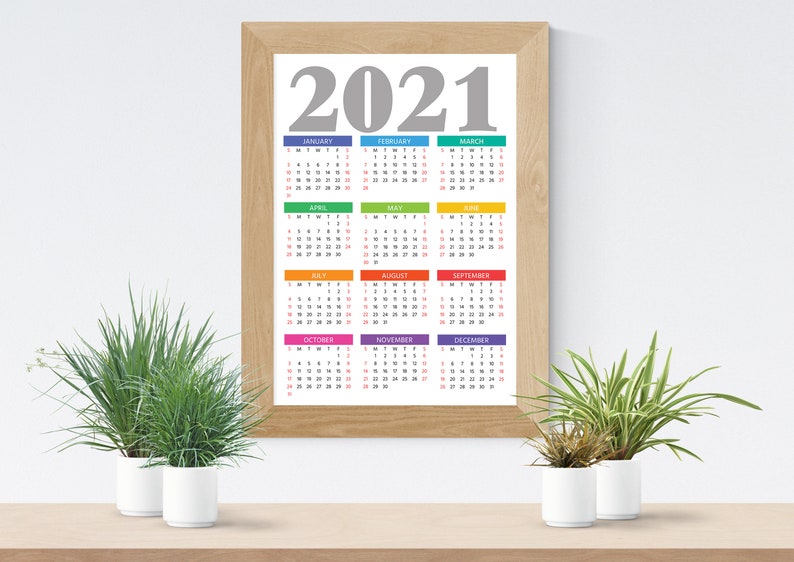 12x18 PDF 2021 Calendar download DIY 12 months wall poster Year at a Glance Yearly Planner
